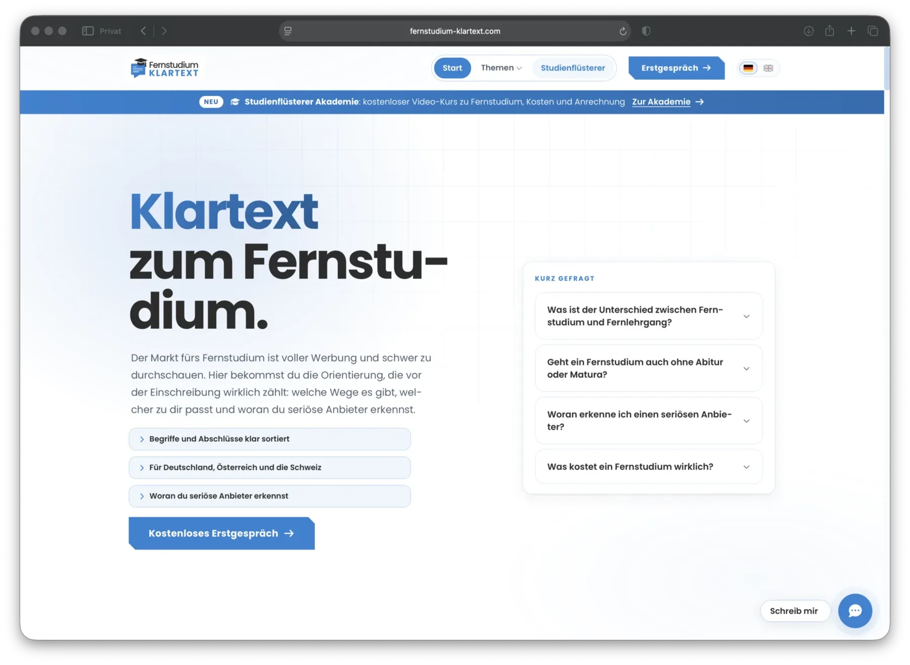 Fernstudium Klartext im Browser