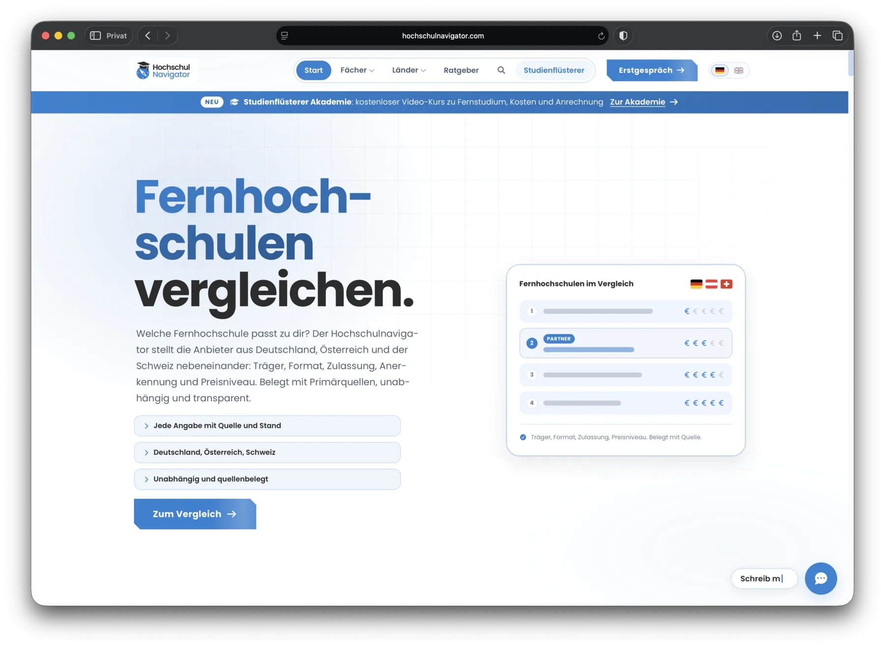 Hochschulnavigator im Browser